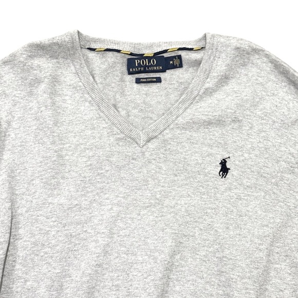 Polo Ralph Lauren Sweater Womens M Gray Vneck 100% Pima Cotton Pony Logo Solid - Picture 3 of 3
